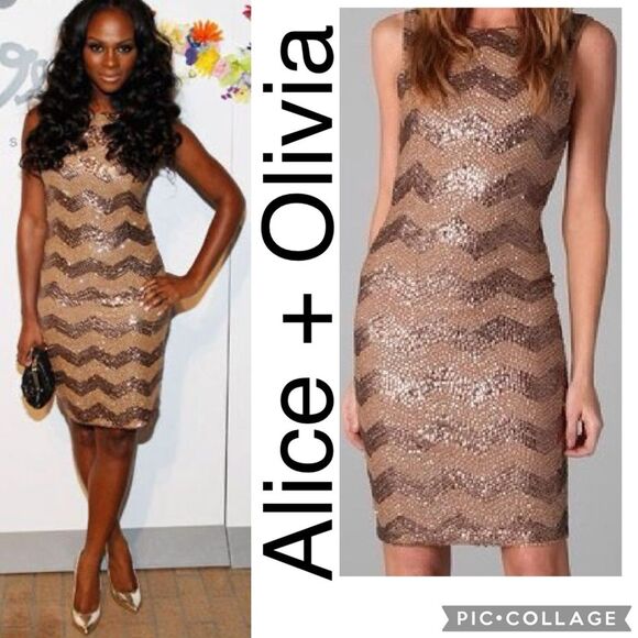 EUC Alice + Olivia Wilcox XS Gold Jacquard Dress Gold Black Mini Dress Size 2 - Picture 1 of 12